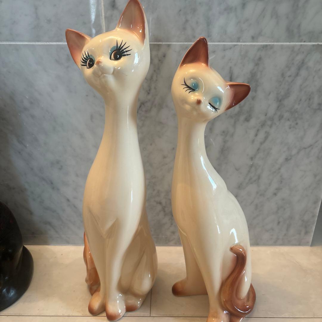 アメリカ80年代ビンテージ　手描きの瞳やまつ毛が美しい上品なペア猫ちゃん特大陶器