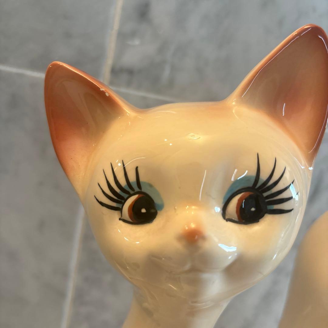 アメリカ80年代ビンテージ　手描きの瞳やまつ毛が美しい上品なペア猫ちゃん特大陶器