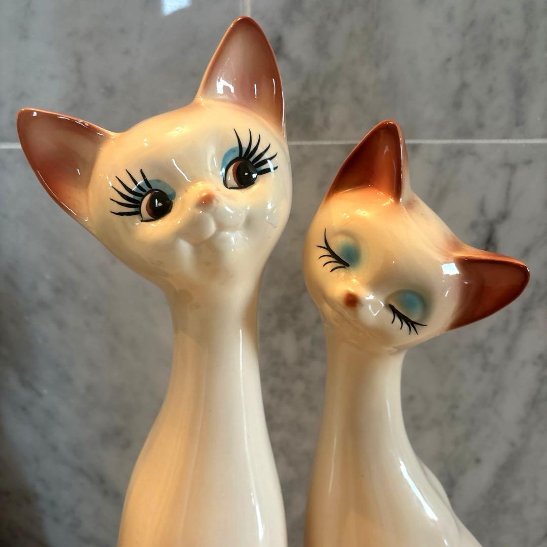 アメリカ80年代ビンテージ　手描きの瞳やまつ毛が美しい上品なペア猫ちゃん特大陶器