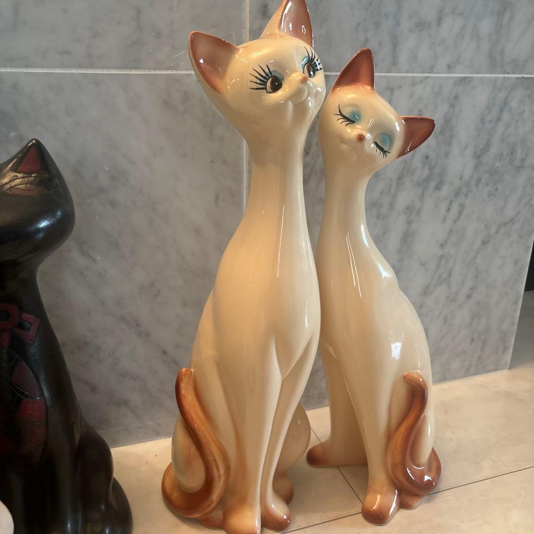 アメリカ80年代ビンテージ　手描きの瞳やまつ毛が美しい上品なペア猫ちゃん特大陶器