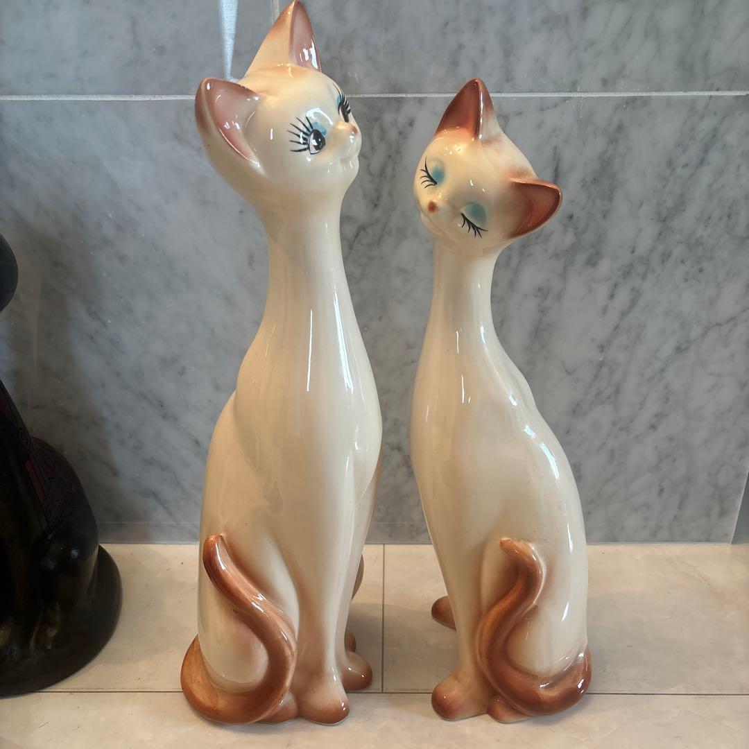 アメリカ80年代ビンテージ　手描きの瞳やまつ毛が美しい上品なペア猫ちゃん特大陶器