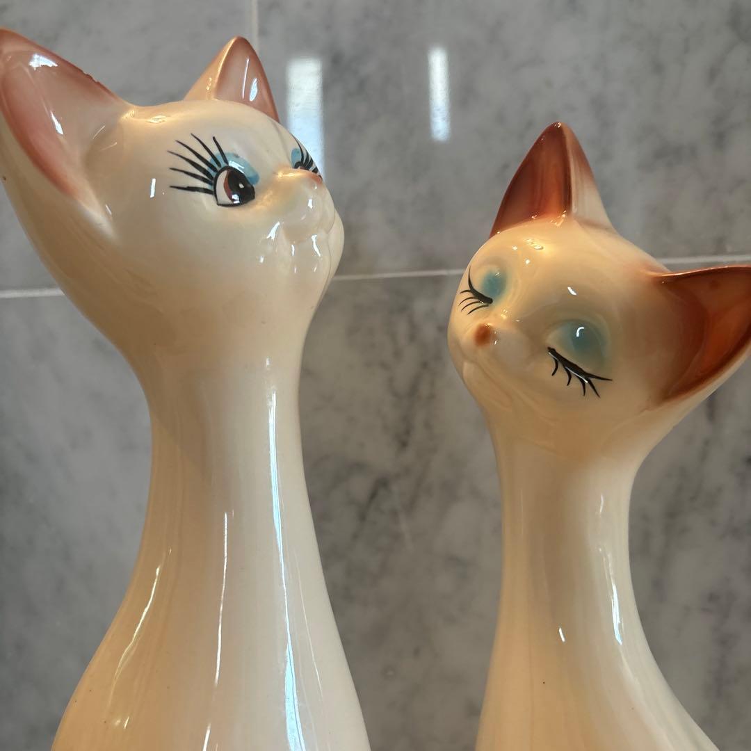 アメリカ80年代ビンテージ　手描きの瞳やまつ毛が美しい上品なペア猫ちゃん特大陶器
