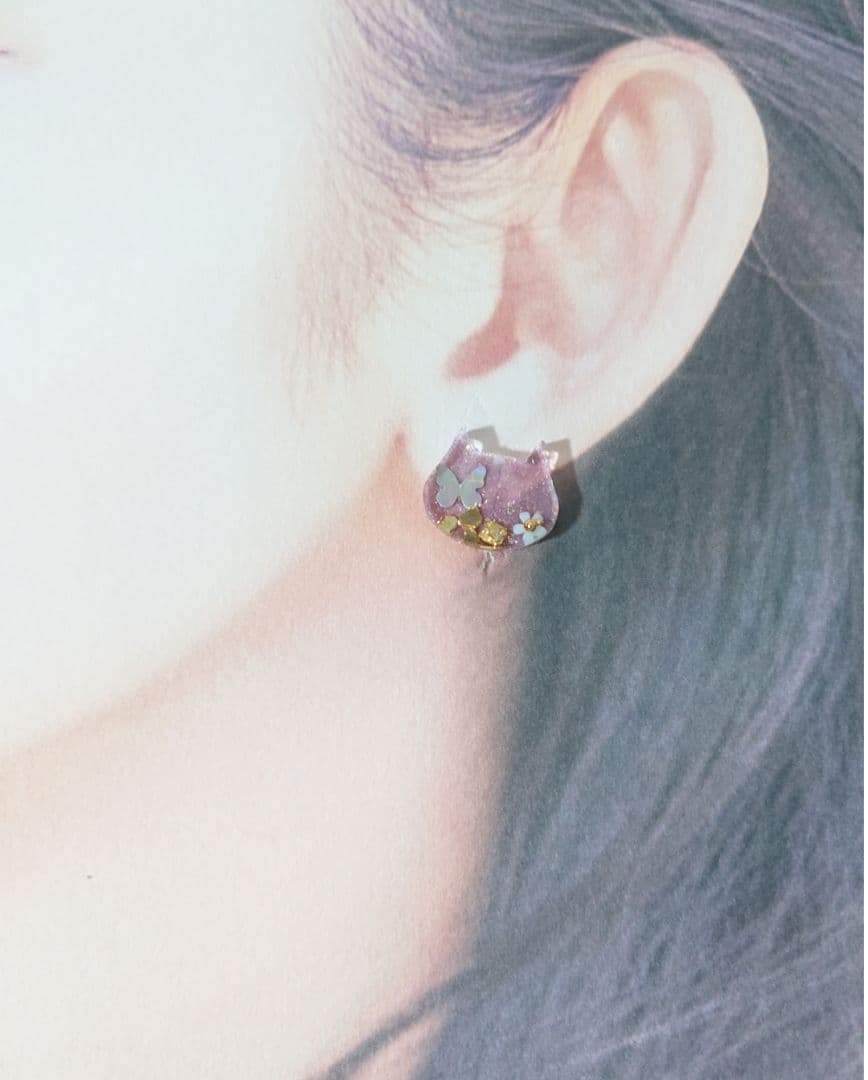 猫のカボション☆6個 z57 ピンク/ネコ/動物/ボタン/カボション