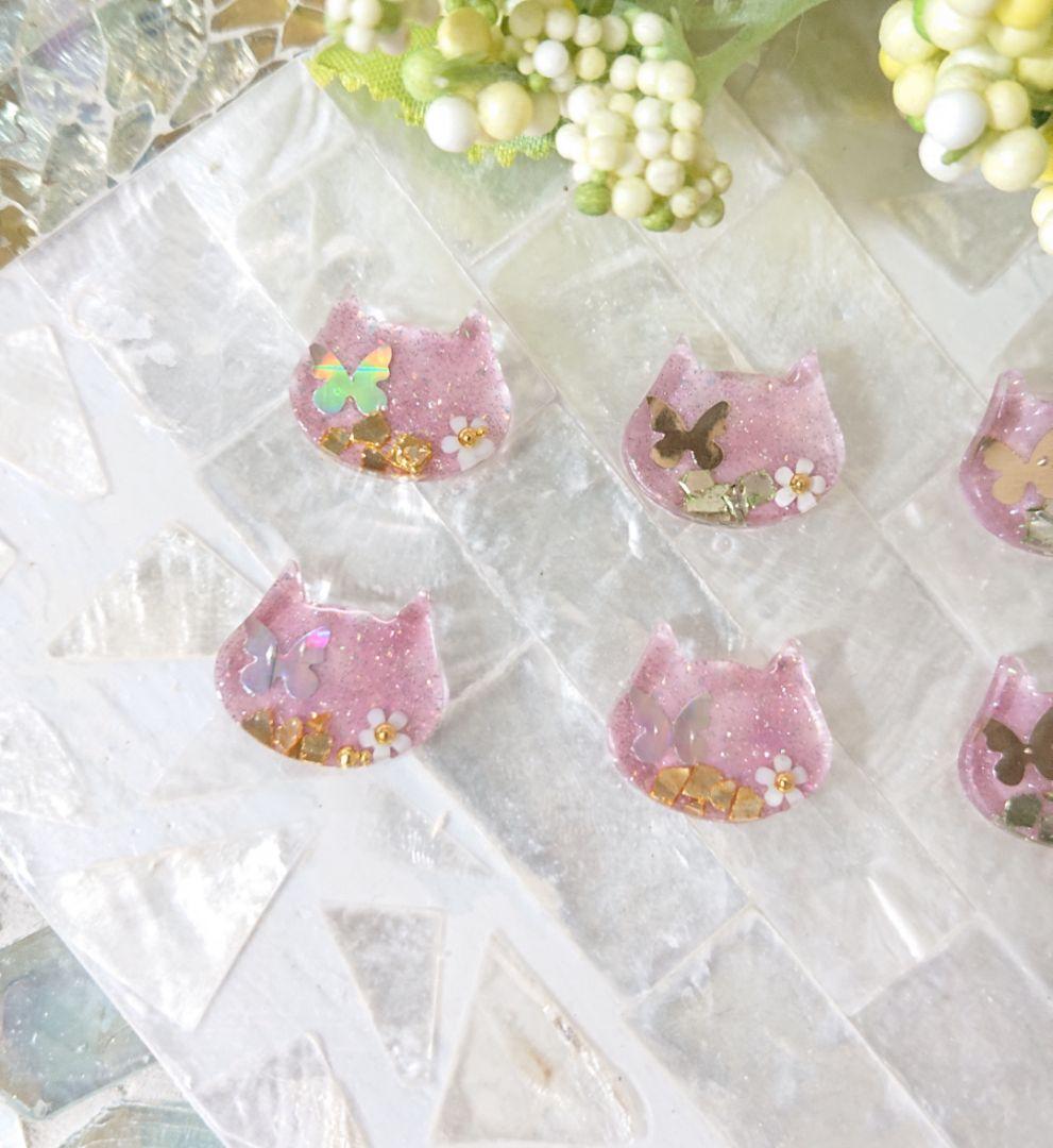 猫のカボション☆6個 z57 ピンク/ネコ/動物/ボタン/カボション