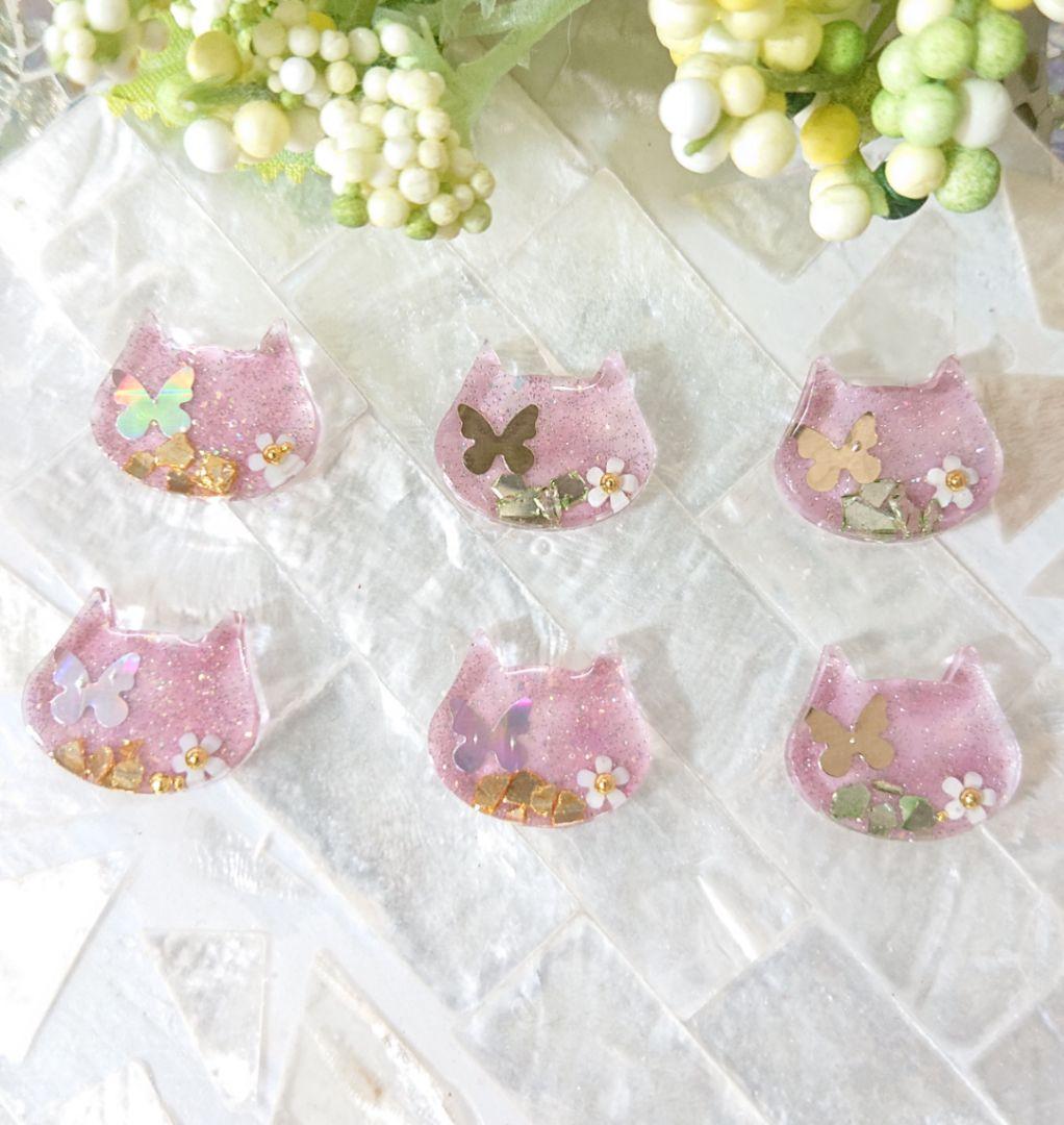 猫のカボション☆6個 z57 ピンク/ネコ/動物/ボタン/カボション