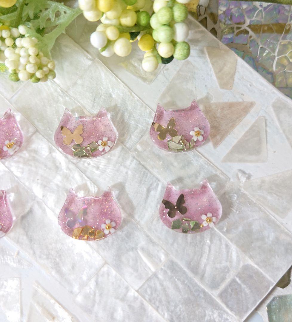 猫のカボション☆6個 z57 ピンク/ネコ/動物/ボタン/カボション