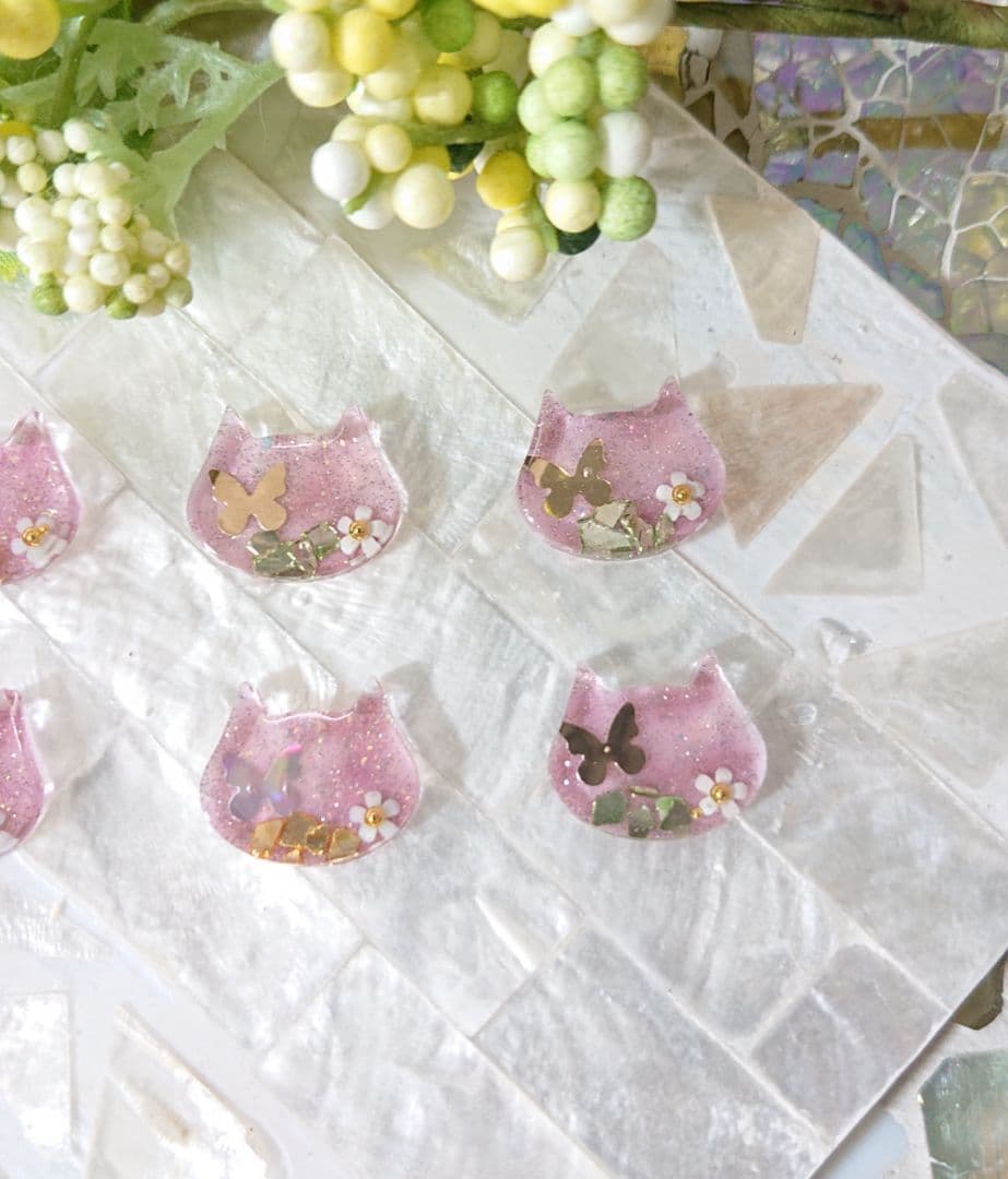 猫のカボション☆6個 z57 ピンク/ネコ/動物/ボタン/カボション