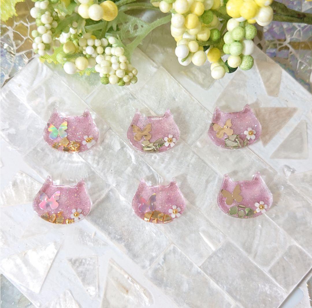 猫のカボション☆6個 z57 ピンク/ネコ/動物/ボタン/カボション
