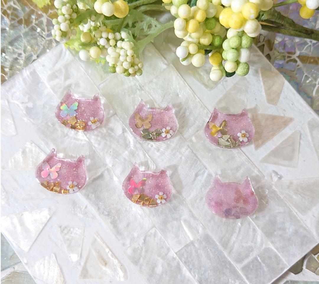 猫のカボション☆6個 z57 ピンク/ネコ/動物/ボタン/カボション