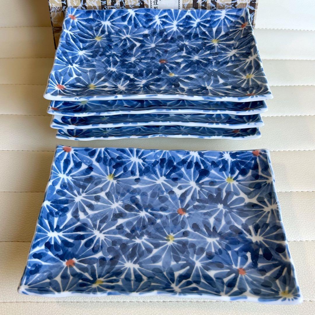 有田焼　仁祥窯　染付菊絵　長角皿揃　5枚セット　長皿　焼物皿　花詰　和食器　中皿