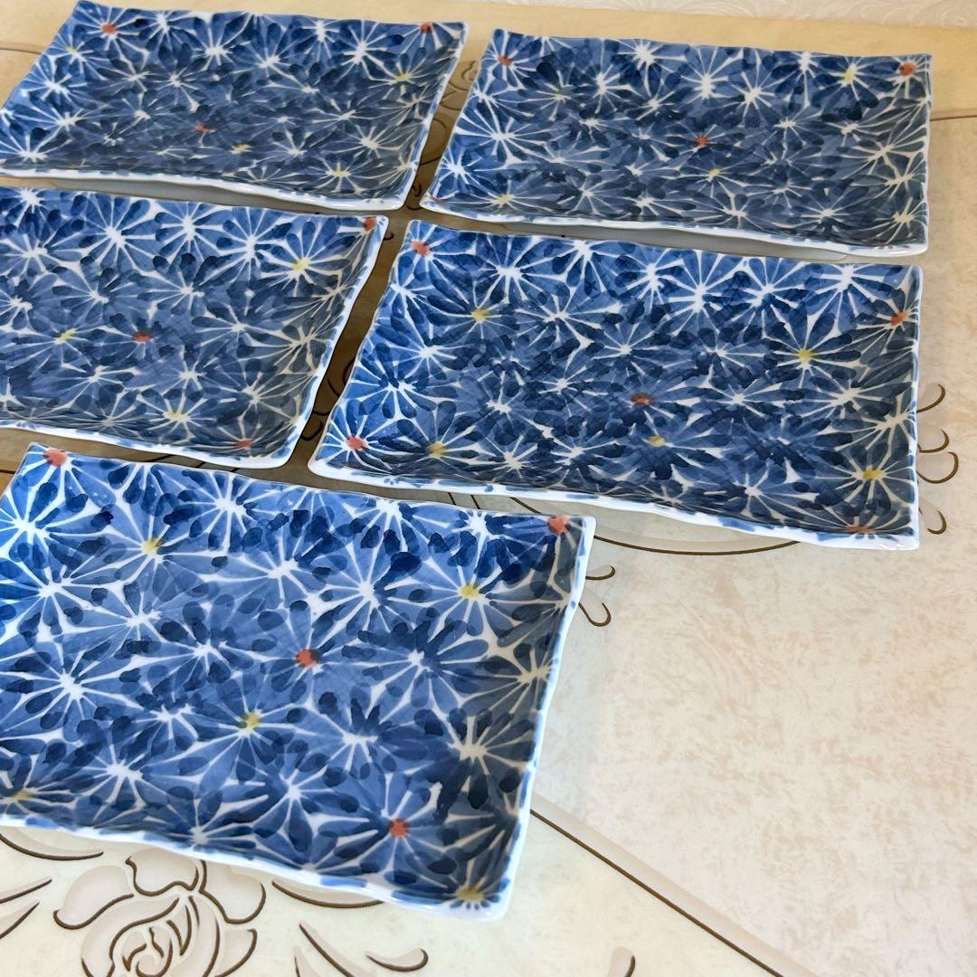有田焼　仁祥窯　染付菊絵　長角皿揃　5枚セット　長皿　焼物皿　花詰　和食器　中皿