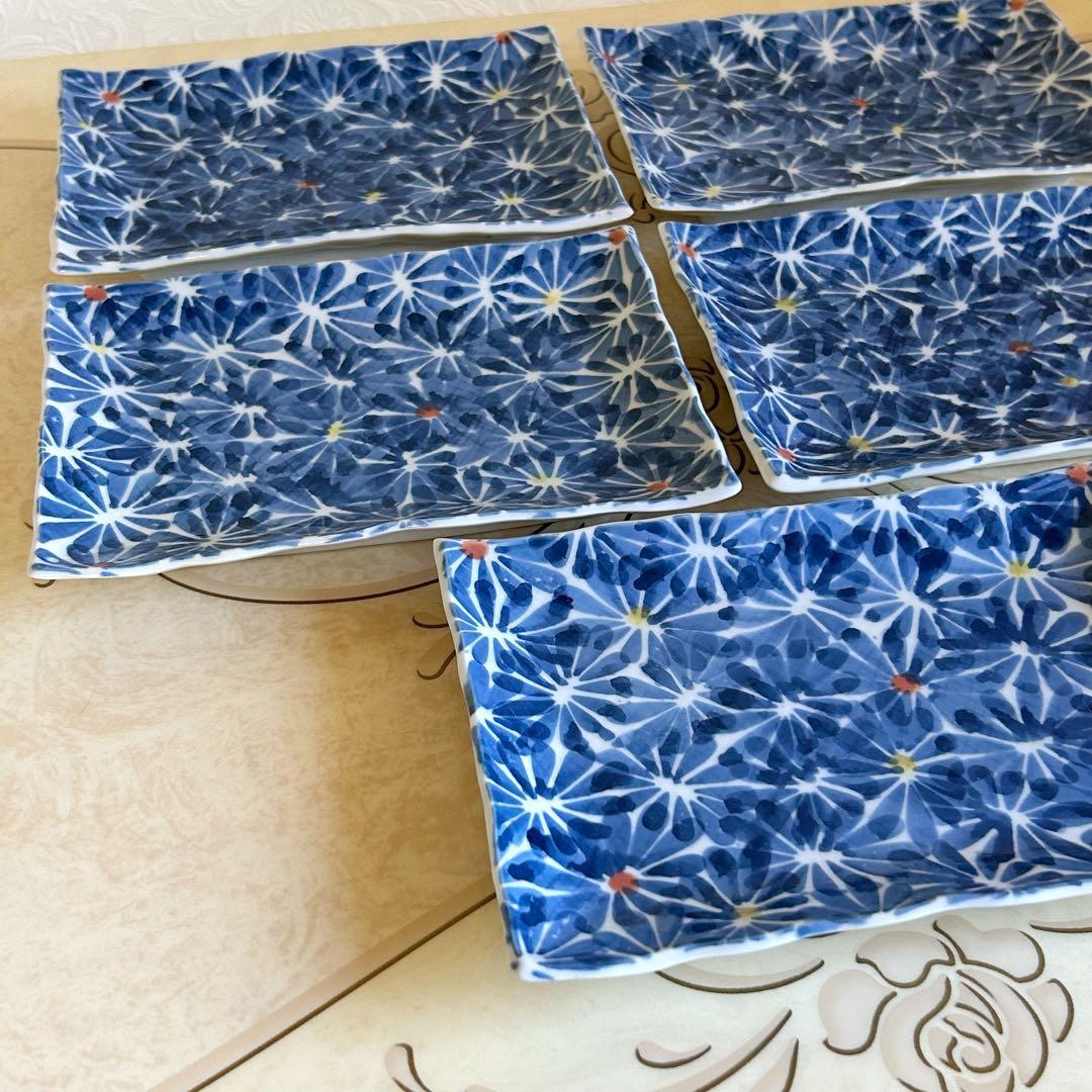 有田焼　仁祥窯　染付菊絵　長角皿揃　5枚セット　長皿　焼物皿　花詰　和食器　中皿