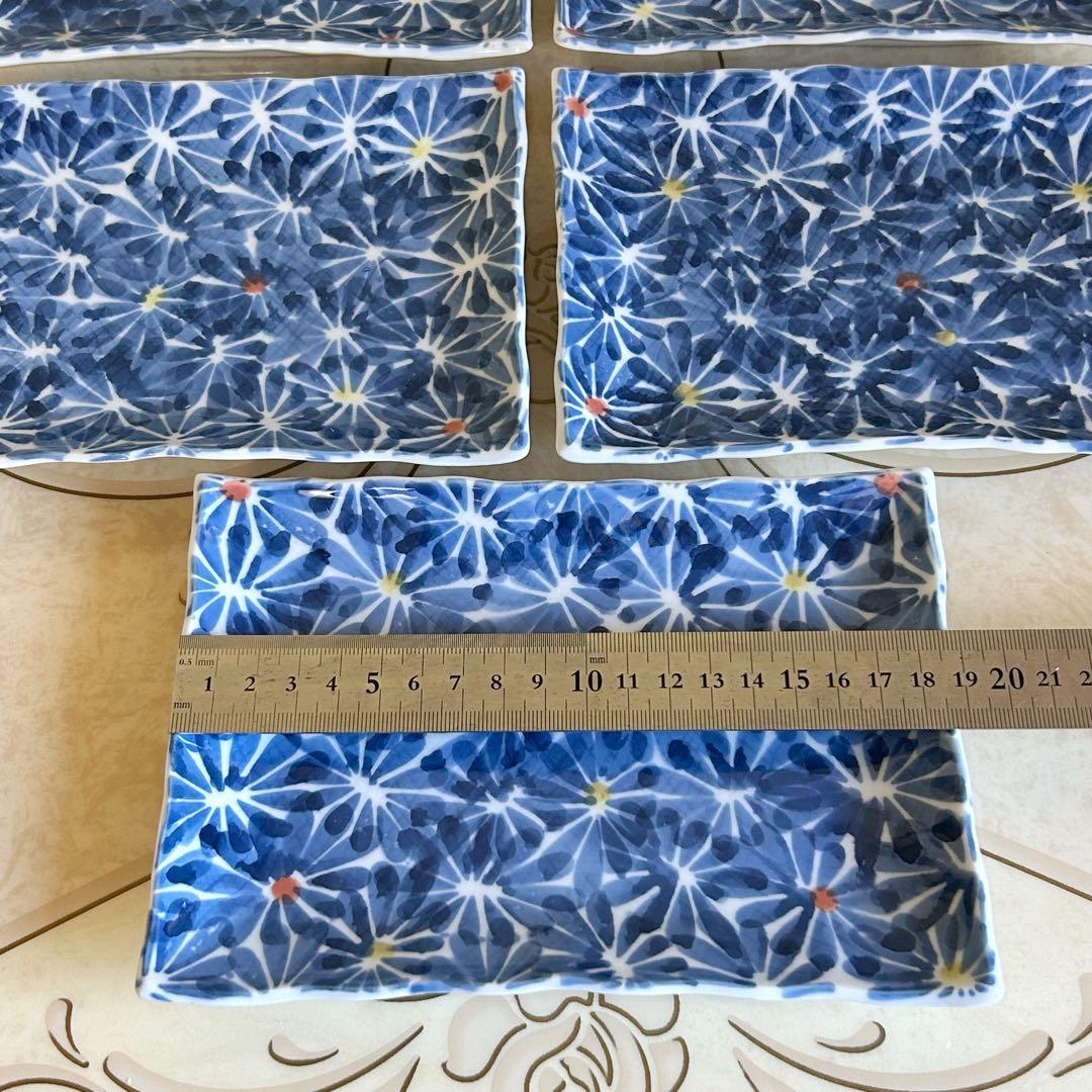 有田焼　仁祥窯　染付菊絵　長角皿揃　5枚セット　長皿　焼物皿　花詰　和食器　中皿