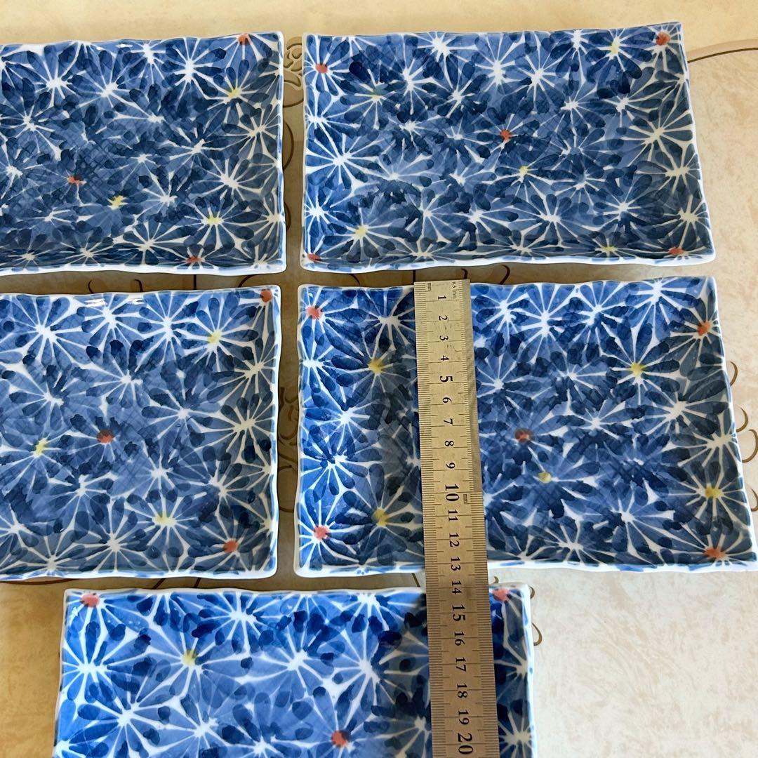 有田焼　仁祥窯　染付菊絵　長角皿揃　5枚セット　長皿　焼物皿　花詰　和食器　中皿