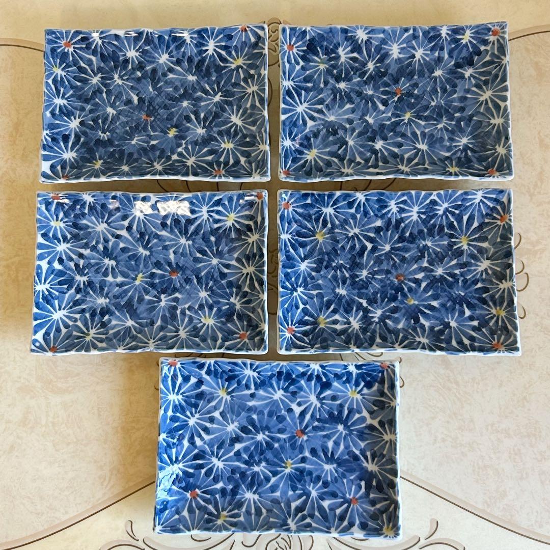 有田焼　仁祥窯　染付菊絵　長角皿揃　5枚セット　長皿　焼物皿　花詰　和食器　中皿