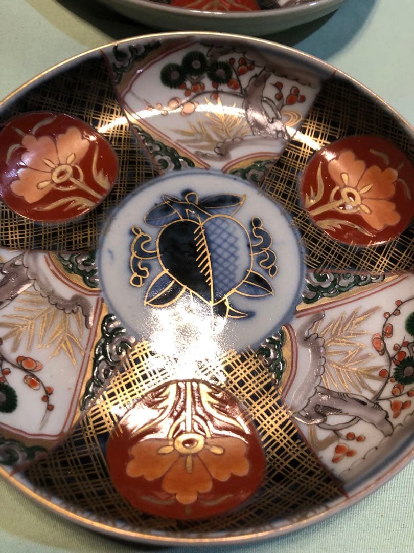 伊万里焼 染錦 松竹梅 中皿4枚 在銘 セット 美品