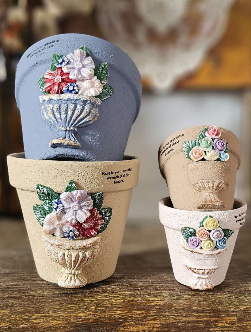 素焼き鉢セット⭐フラワー　立体造形　リメイク鉢　リメ鉢　多肉　リメイク缶　リメ缶