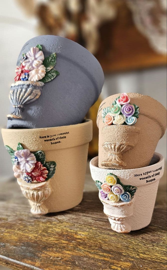 素焼き鉢セット⭐フラワー　立体造形　リメイク鉢　リメ鉢　多肉　リメイク缶　リメ缶