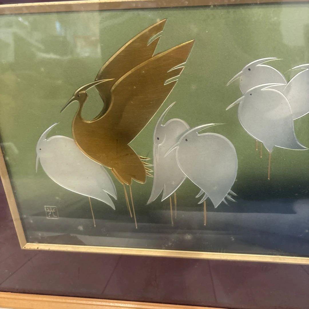 抽象画 鳥のアート作品 木製フレーム 約30cm x 40cm