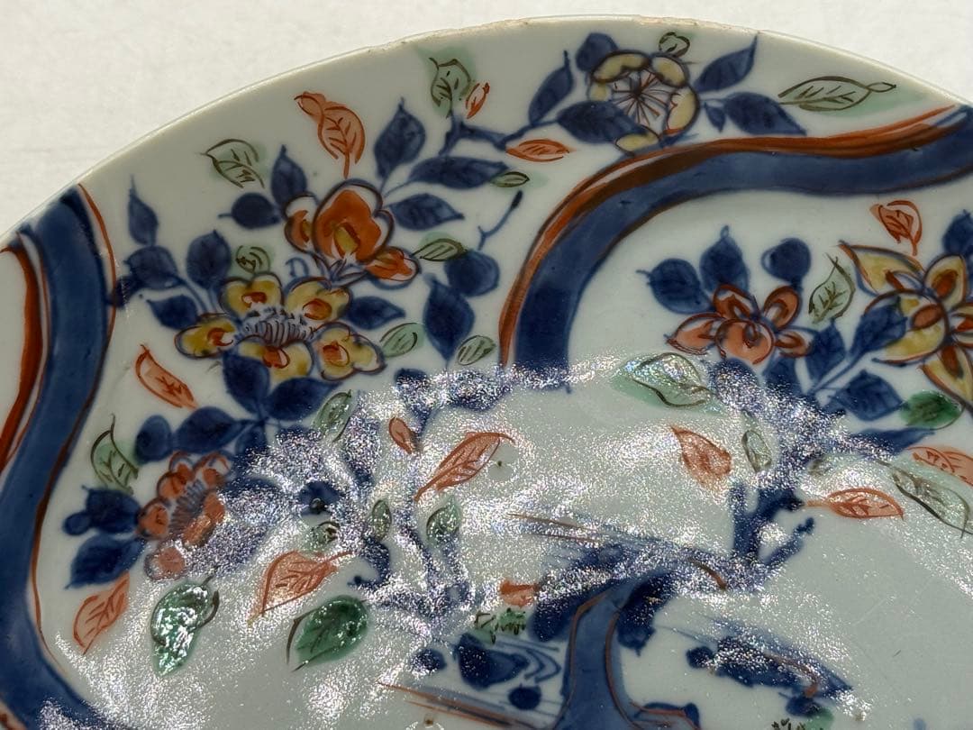 中国　明時代　南京赤絵草花捻文皿　青華五彩　共箱　アンティーク　送料込み1219