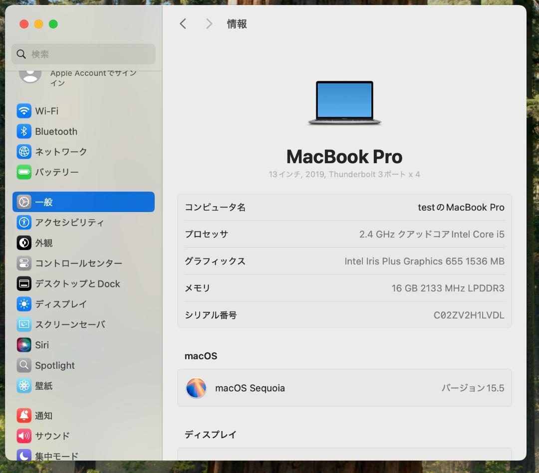 MacBook Pro 13インチ 2019 i5/16GB/256GB