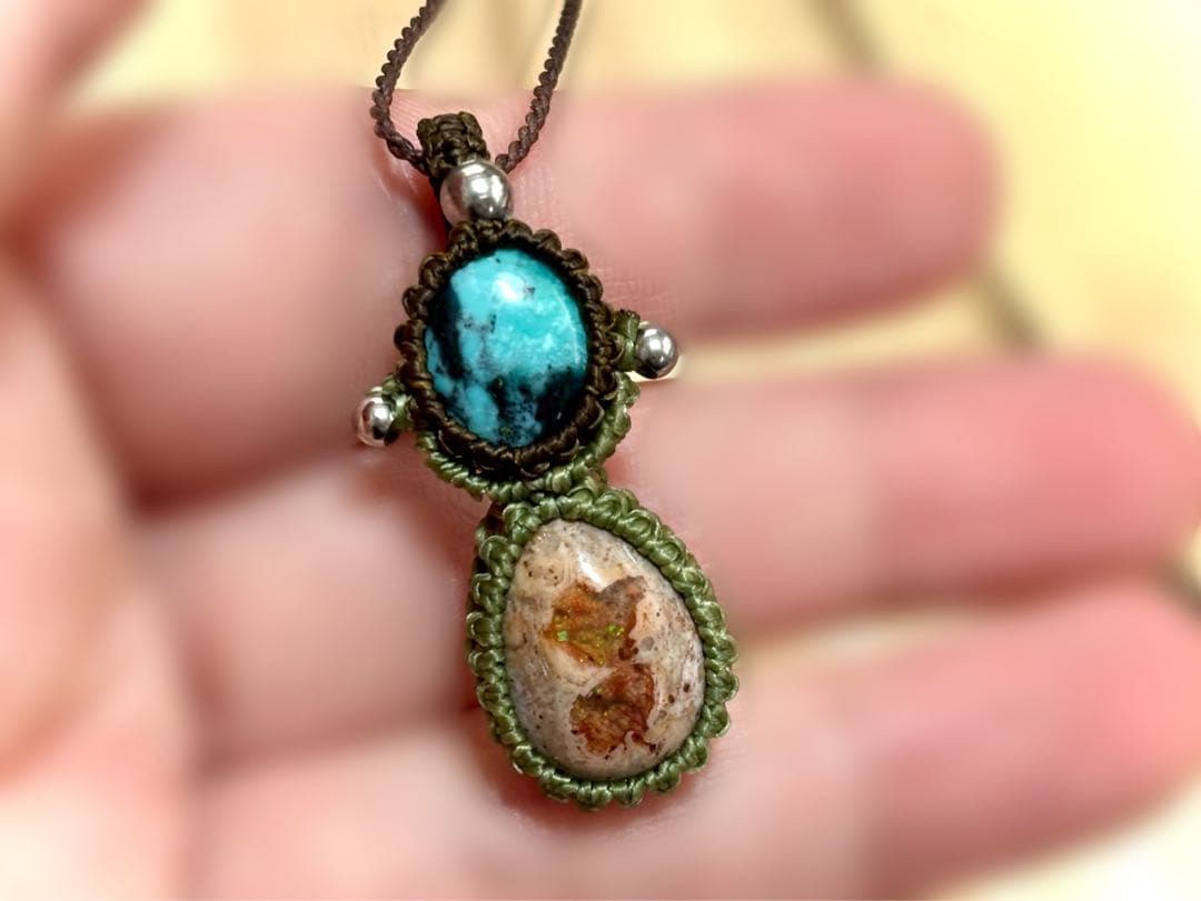 ターコイズ　カンテラオパール　マクラメ　ペンダント　ネックレス