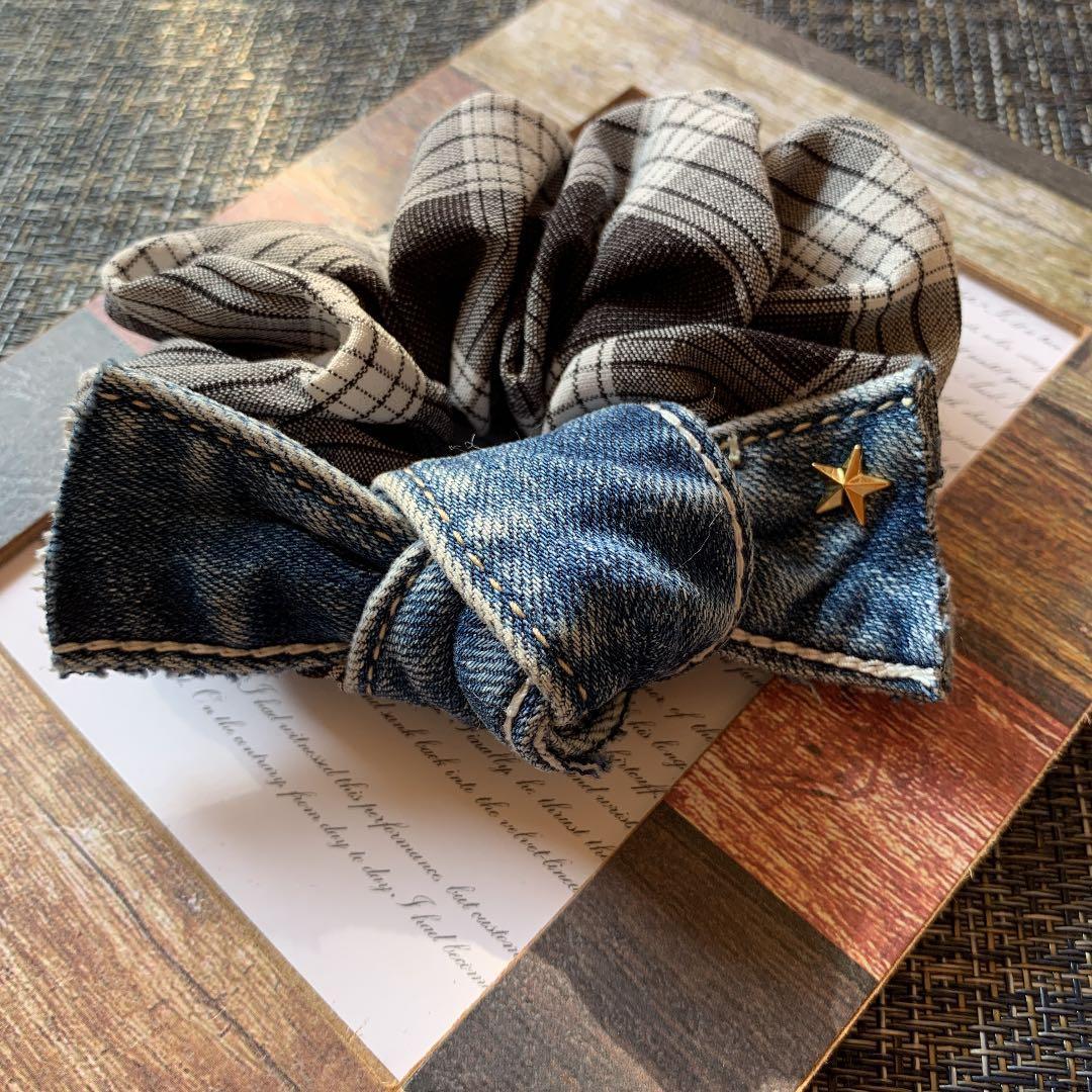 ¨̮秋冬シュシュ　チェック　デニム　ファー