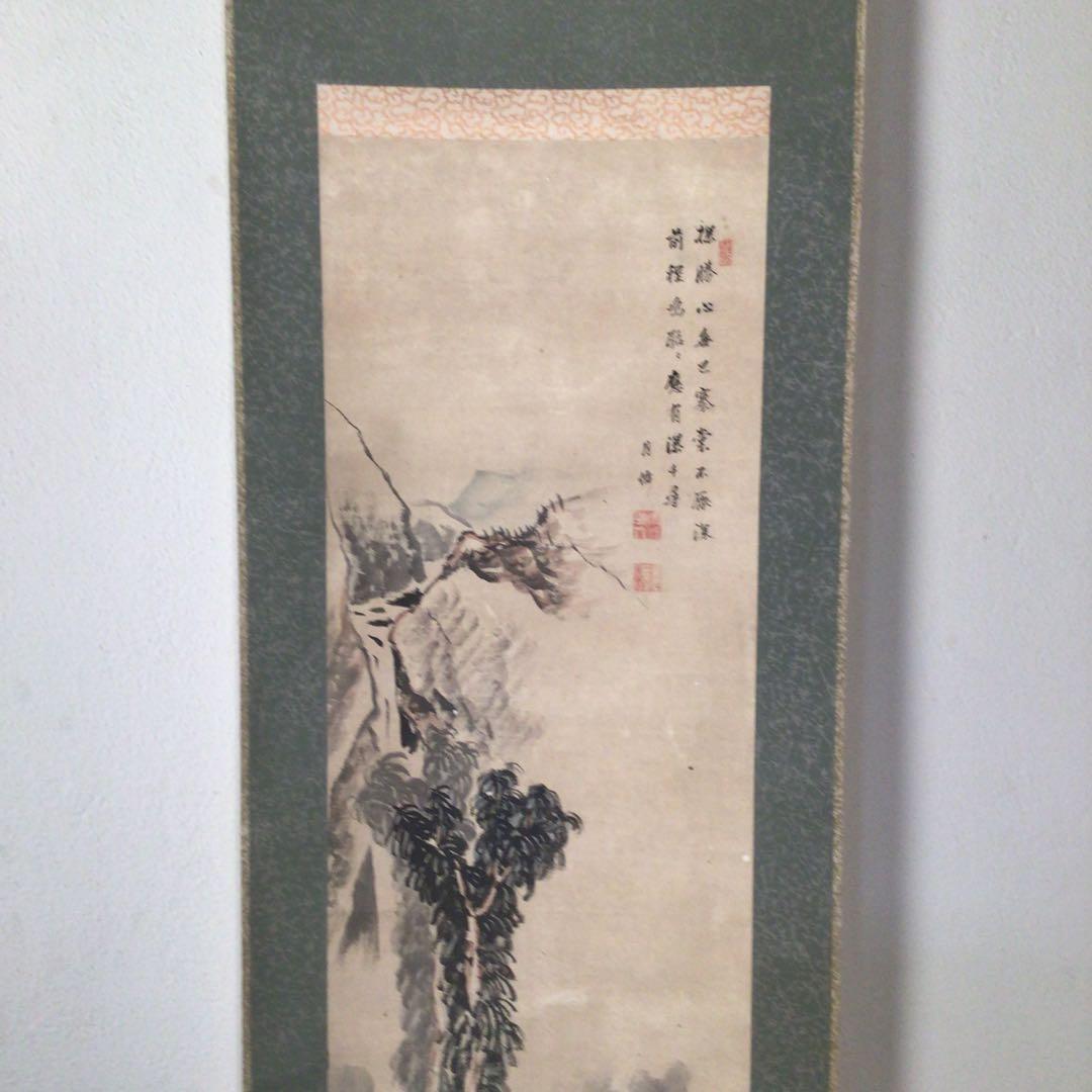 No3777  掛軸　月僊　山水画賛　紙本　江戸中期〜後期の画僧　古画　送料無料