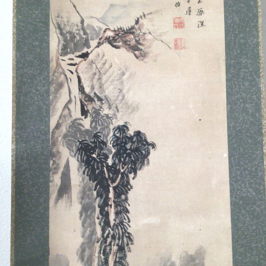 No3777  掛軸　月僊　山水画賛　紙本　江戸中期〜後期の画僧　古画　送料無料