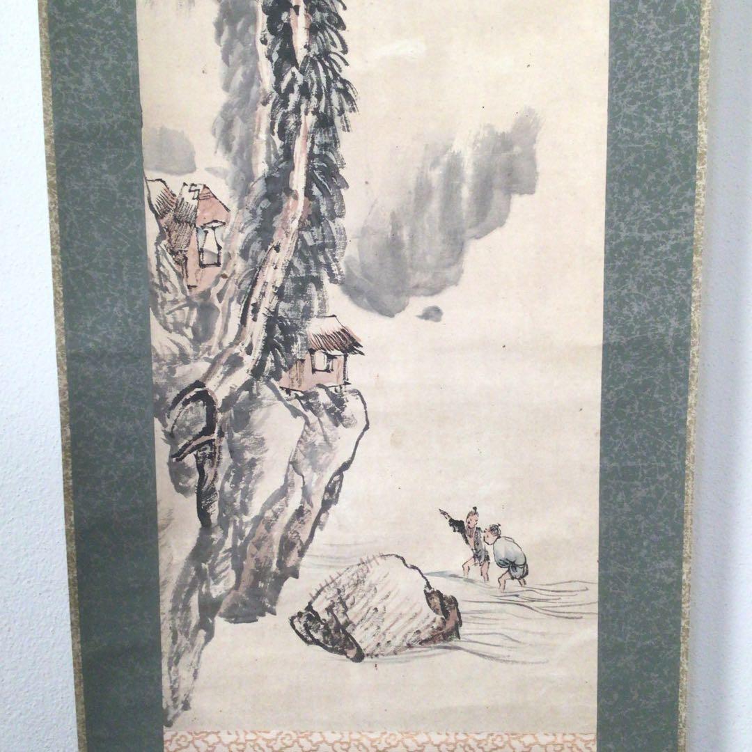 No3777  掛軸　月僊　山水画賛　紙本　江戸中期〜後期の画僧　古画　送料無料