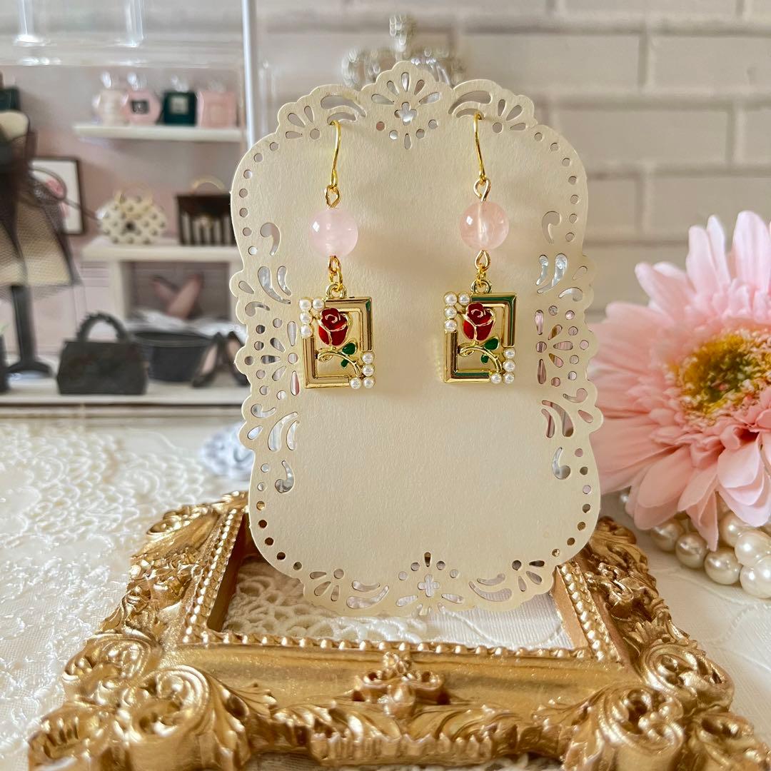 ☆❤️ 天然石　ローズクォーツ　薔薇　ピアス　イヤリング　ハンドメイド