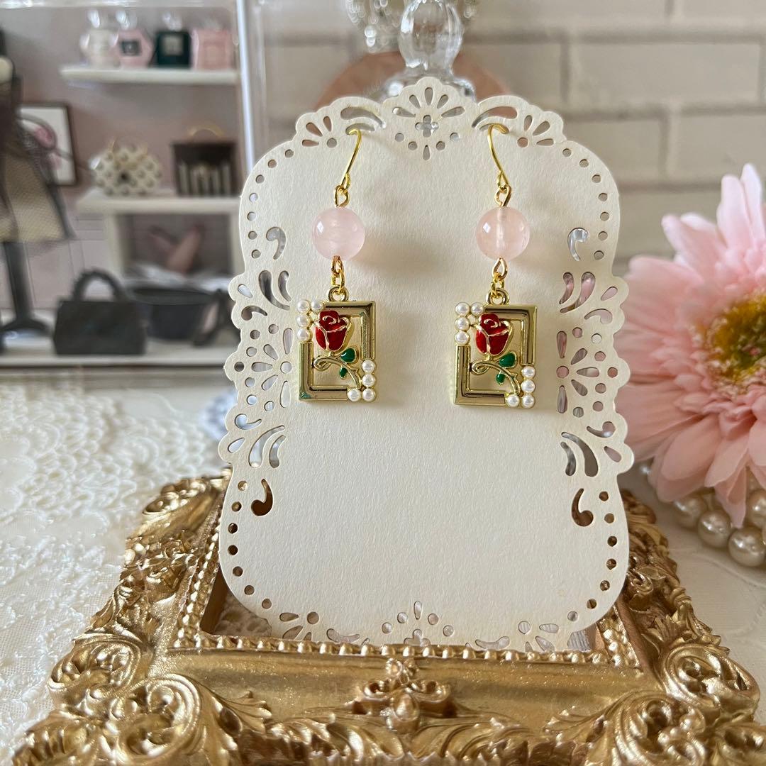 ☆❤️ 天然石　ローズクォーツ　薔薇　ピアス　イヤリング　ハンドメイド