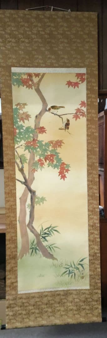 紅葉に雀 掛軸　Y275