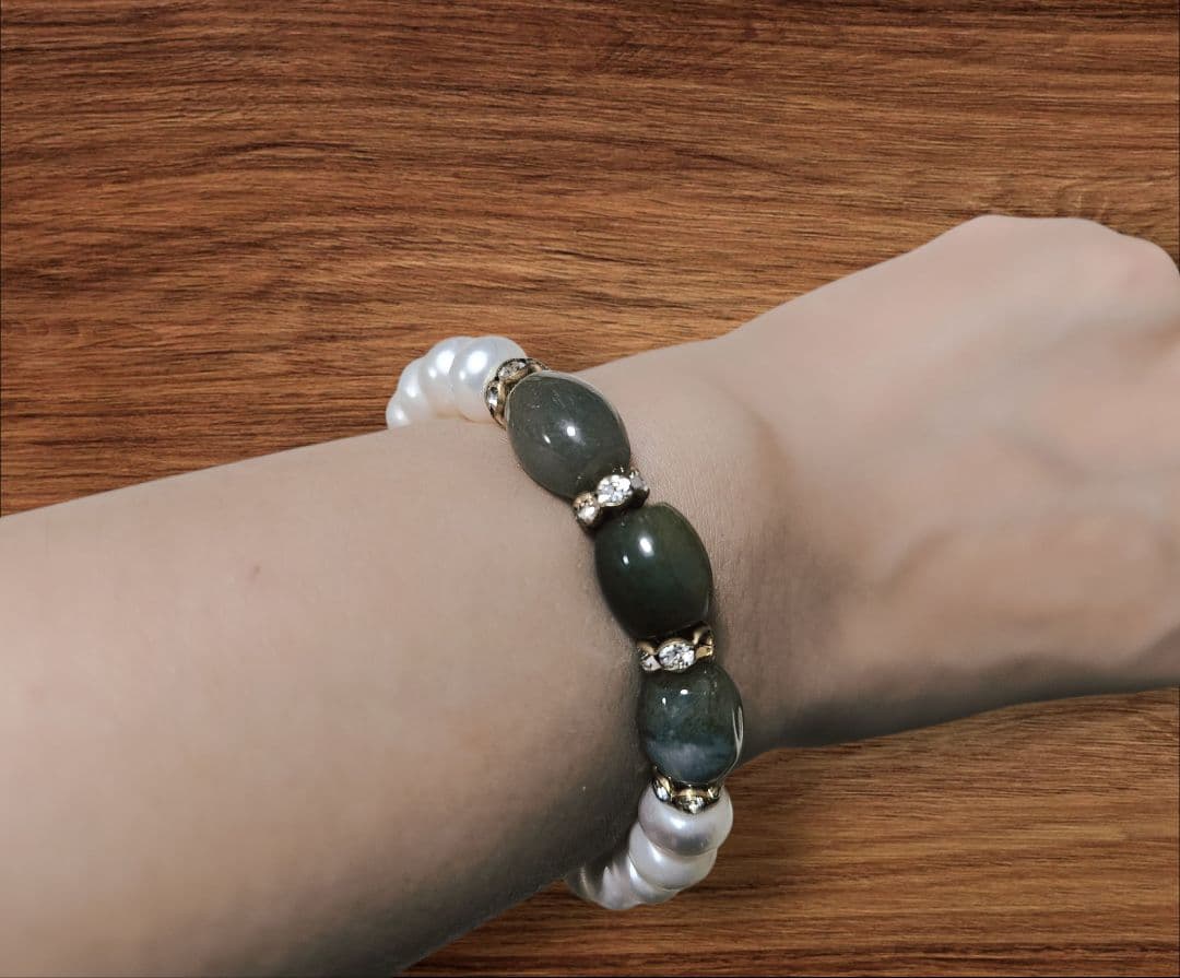 【新品】TSUTSUMI 8mm 淡水パール 天然石（翡翠ストレッチブレスレット