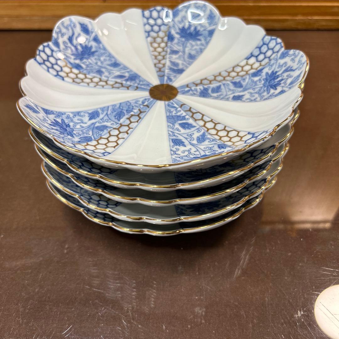 西山窯　古伊万里 金彩染付亀甲唐草文　銘々皿揃　 美品