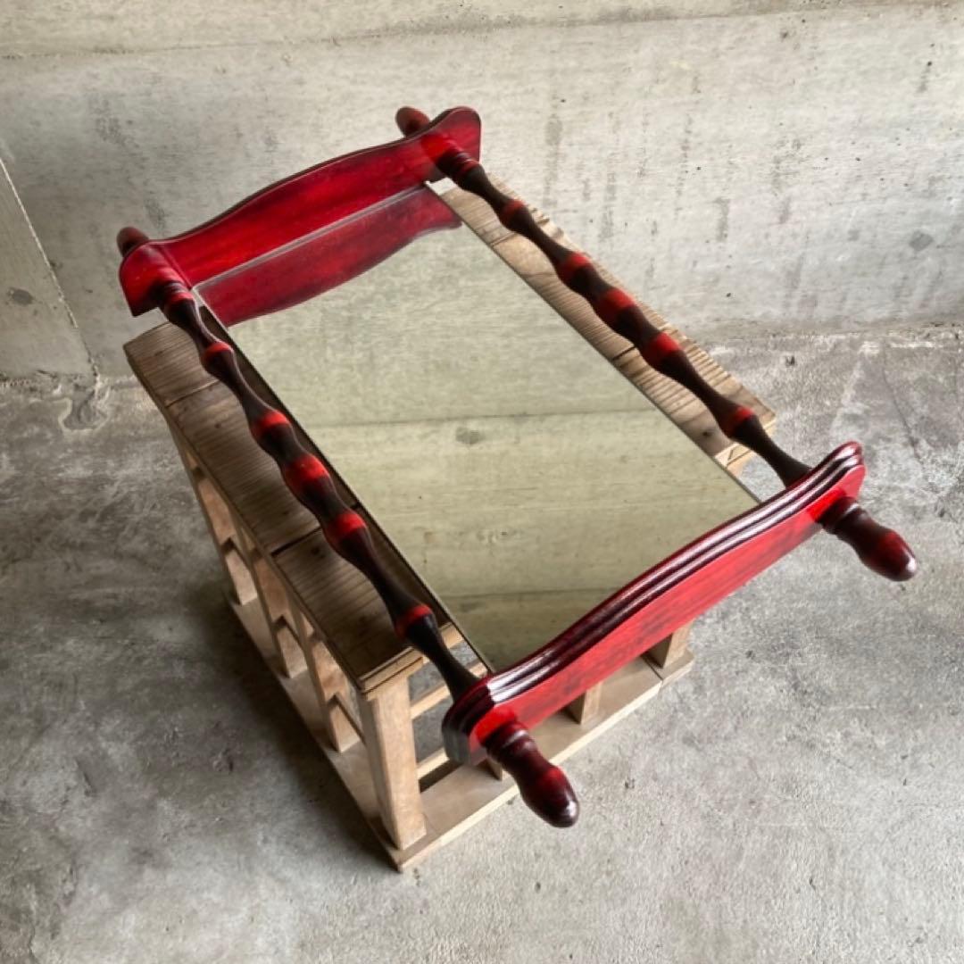 壁掛け鏡 ウォールミラー 棚板付き 木製 赤 モダン 当時物 昭和 レトロ