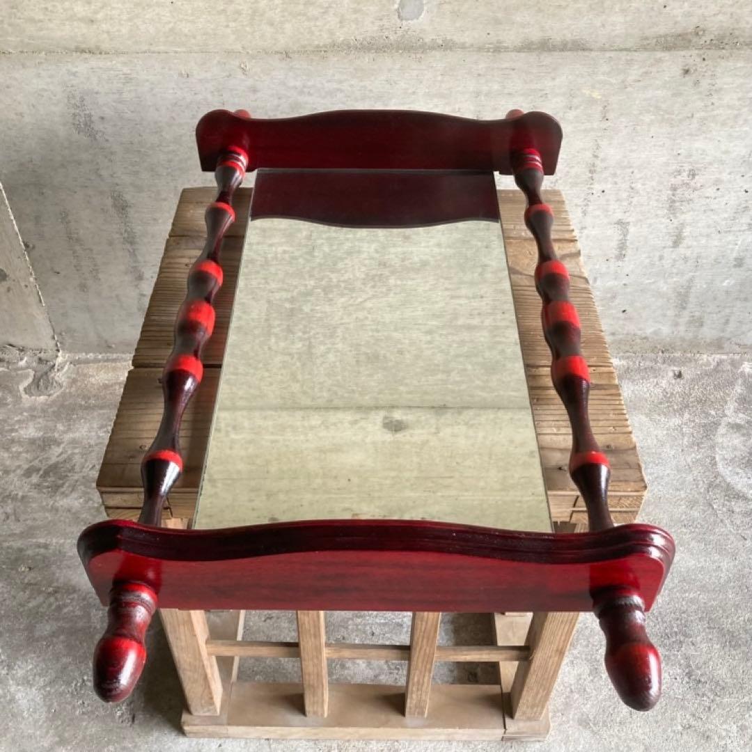 壁掛け鏡 ウォールミラー 棚板付き 木製 赤 モダン 当時物 昭和 レトロ