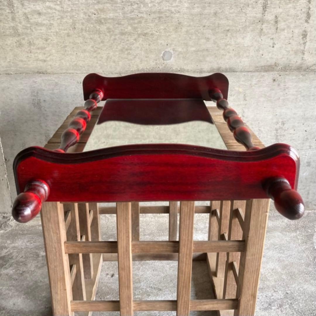 壁掛け鏡 ウォールミラー 棚板付き 木製 赤 モダン 当時物 昭和 レトロ