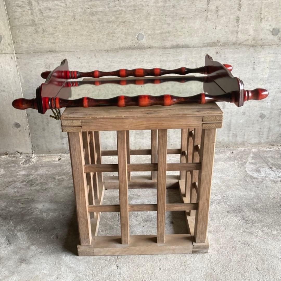 壁掛け鏡 ウォールミラー 棚板付き 木製 赤 モダン 当時物 昭和 レトロ