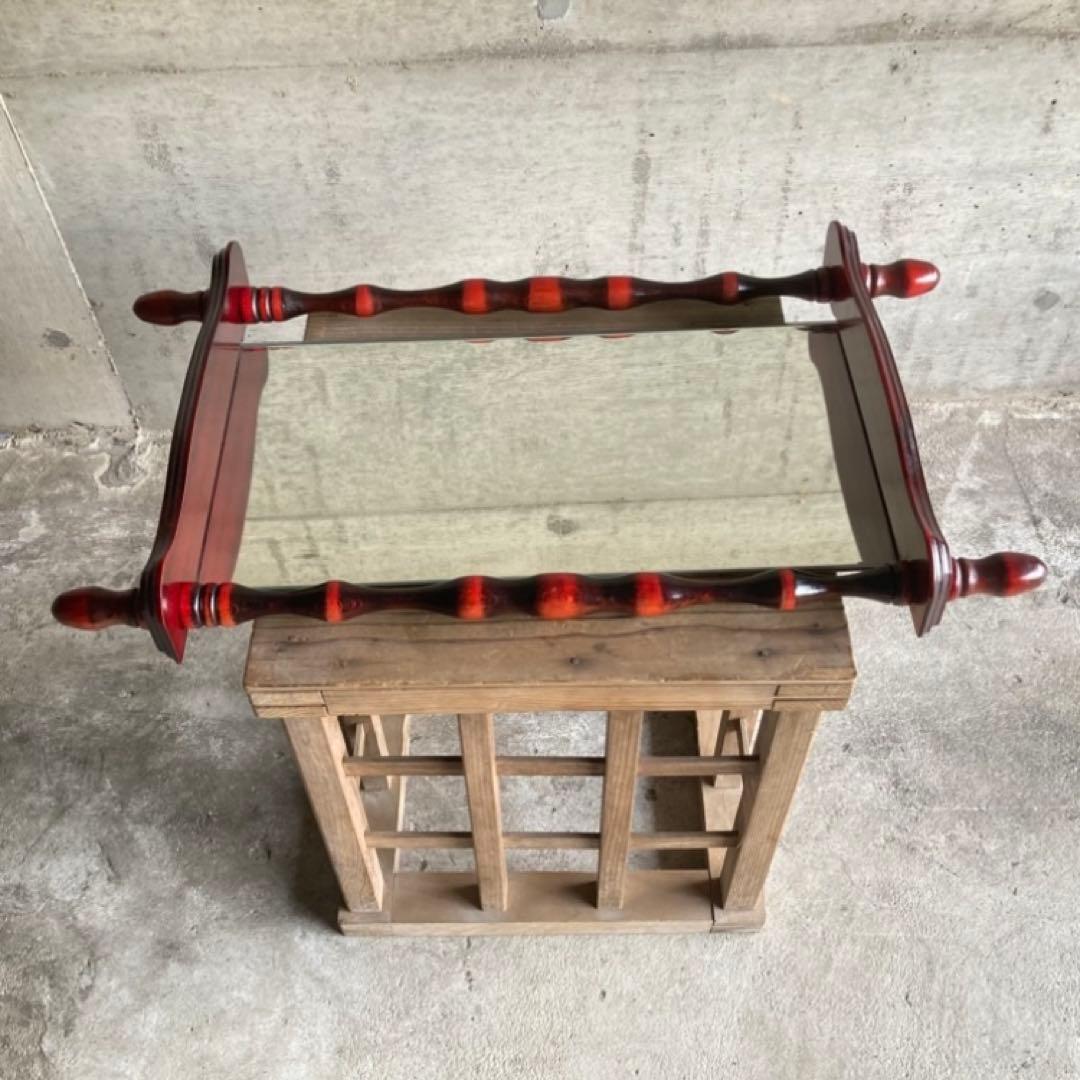 壁掛け鏡 ウォールミラー 棚板付き 木製 赤 モダン 当時物 昭和 レトロ