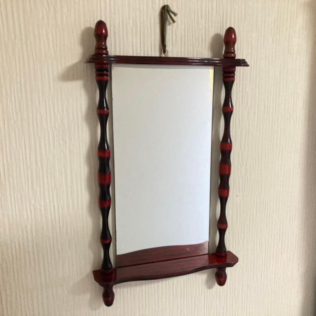 壁掛け鏡 ウォールミラー 棚板付き 木製 赤 モダン 当時物 昭和 レトロ