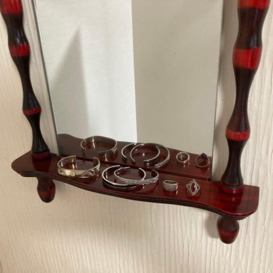 壁掛け鏡 ウォールミラー 棚板付き 木製 赤 モダン 当時物 昭和 レトロ