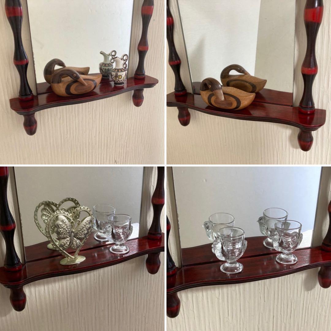 壁掛け鏡 ウォールミラー 棚板付き 木製 赤 モダン 当時物 昭和 レトロ