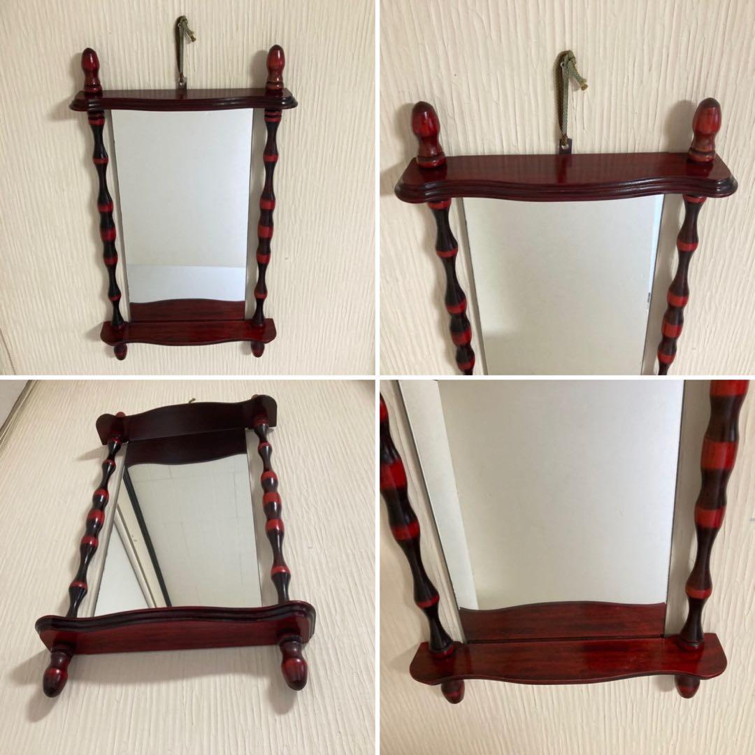 壁掛け鏡 ウォールミラー 棚板付き 木製 赤 モダン 当時物 昭和 レトロ