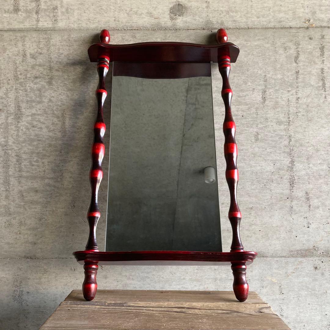 壁掛け鏡 ウォールミラー 棚板付き 木製 赤 モダン 当時物 昭和 レトロ