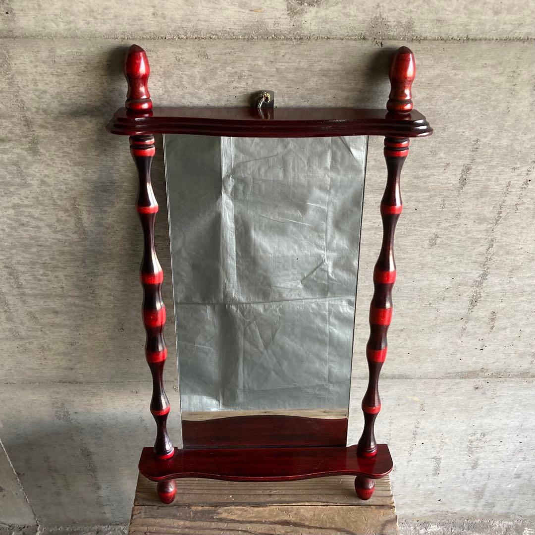 壁掛け鏡 ウォールミラー 棚板付き 木製 赤 モダン 当時物 昭和 レトロ