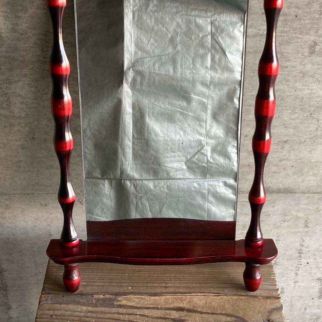 壁掛け鏡 ウォールミラー 棚板付き 木製 赤 モダン 当時物 昭和 レトロ