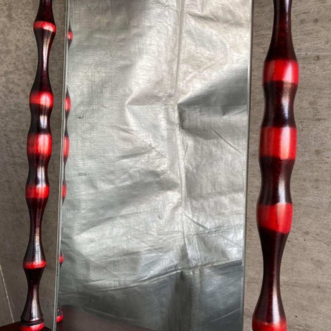 壁掛け鏡 ウォールミラー 棚板付き 木製 赤 モダン 当時物 昭和 レトロ