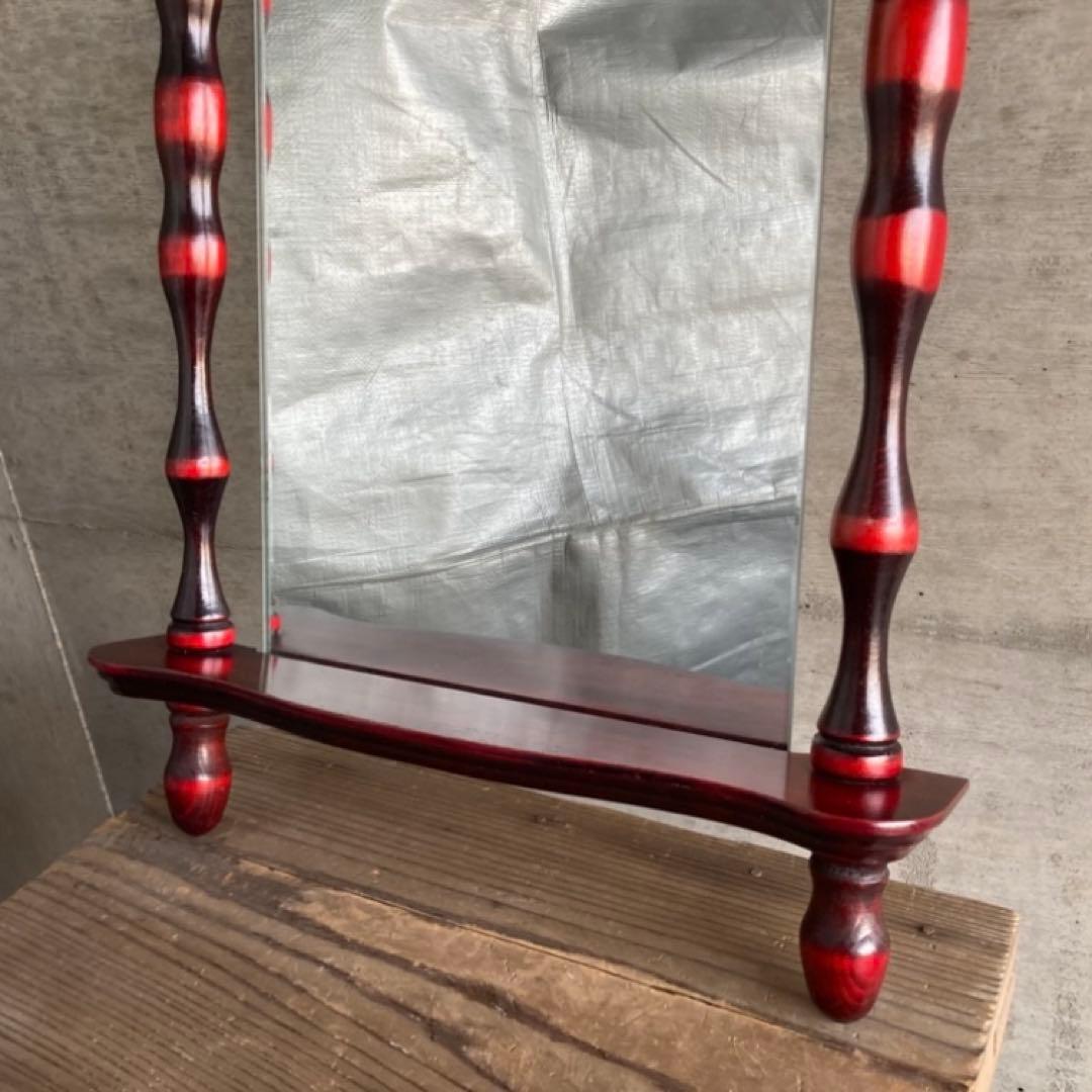 壁掛け鏡 ウォールミラー 棚板付き 木製 赤 モダン 当時物 昭和 レトロ