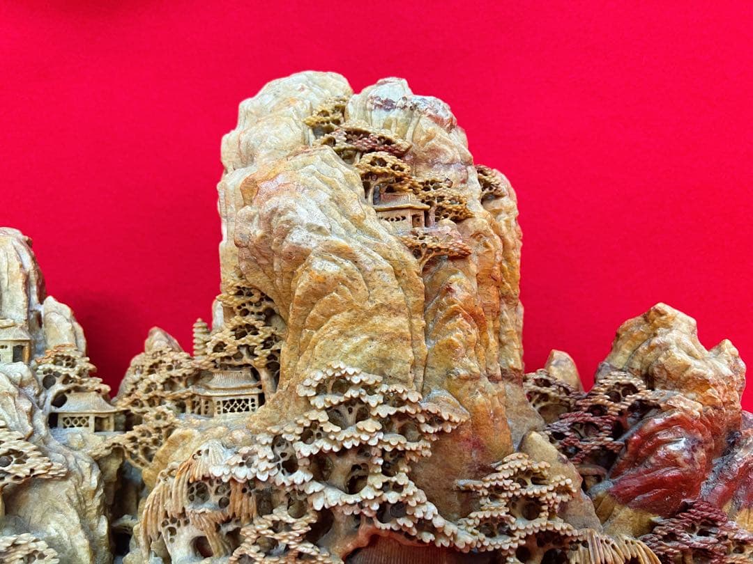 超美品 中国美術古玩 寿山石彫 鑑賞石 細密彫刻 楼閣山水 彫刻置物オブジェ
